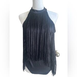 Black Fringe Sleeveless BodyCon Halter Bodysuit